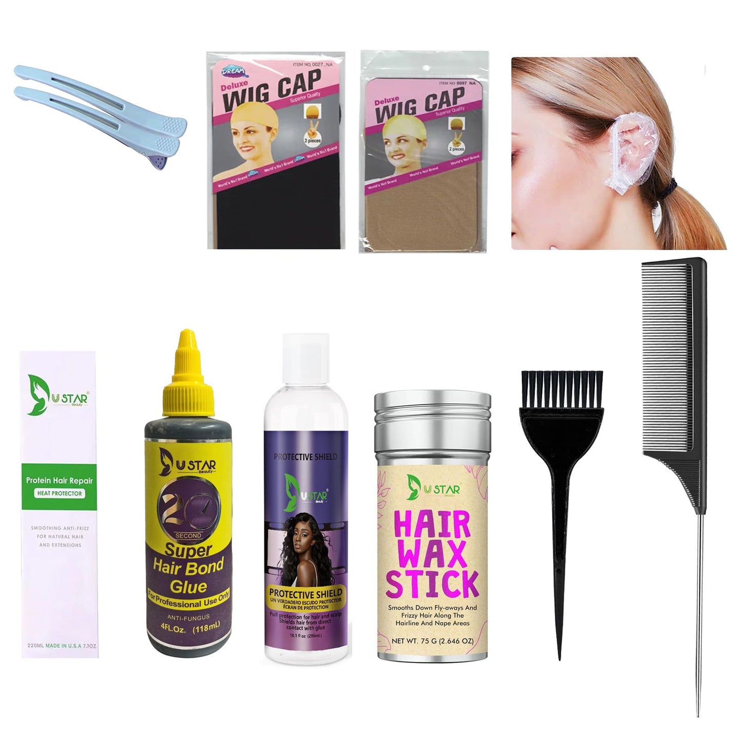 Quick Weave kit for Leave Out,  12 pcs with Protective shield, Hair Weft Bond Glue, wig caps, Rat Tail Comb, brush, Earmuffs, Hair Clips,Hair Wax Stick, Heat Protect spray for Quick Weave installation