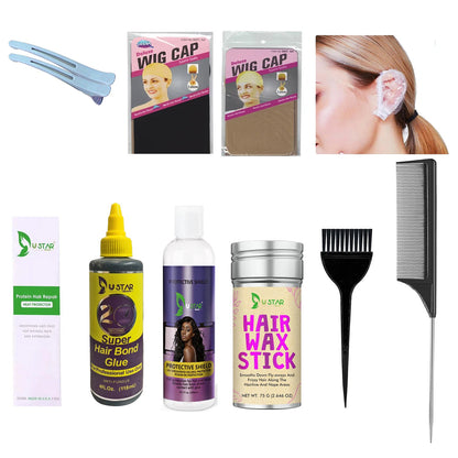 Quick Weave kit for Leave Out,  12 pcs with Protective shield, Hair Weft Bond Glue, wig caps, Rat Tail Comb, brush, Earmuffs, Hair Clips,Hair Wax Stick, Heat Protect spray for Quick Weave installation
