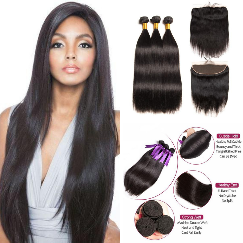 Natural Black Virgin Straight Hair 3 Bundles with Frontal