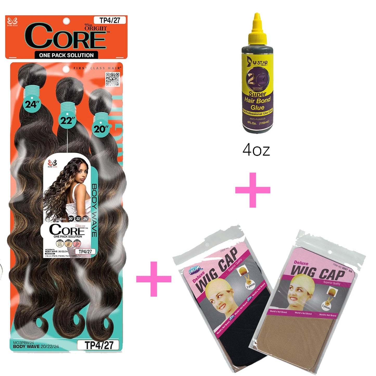 Quick Weave Combo Set 3 Bundle of Body Wave 20 22 24 inches With Black and Brown Wig Caps and Super Bond Glue