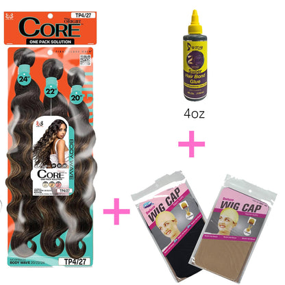 Quick Weave Combo Set 3 Bundle of Body Wave 20 22 24 inches With Black and Brown Wig Caps and Super Bond Glue
