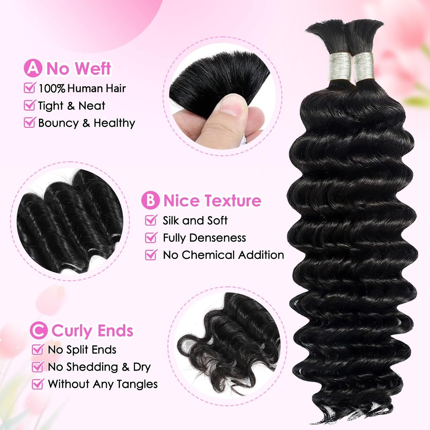 Better Hair, Less Money Color Natural Black Human Braiding Hair Deep Wave Bulk 100% HumanMink Hair 100g/bundle 18-22 inch