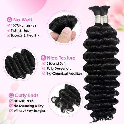 Better Hair, Less Money Color Natural Black Human Braiding Hair Deep Wave Bulk 100% HumanMink Hair 100g/bundle 18-22 inch
