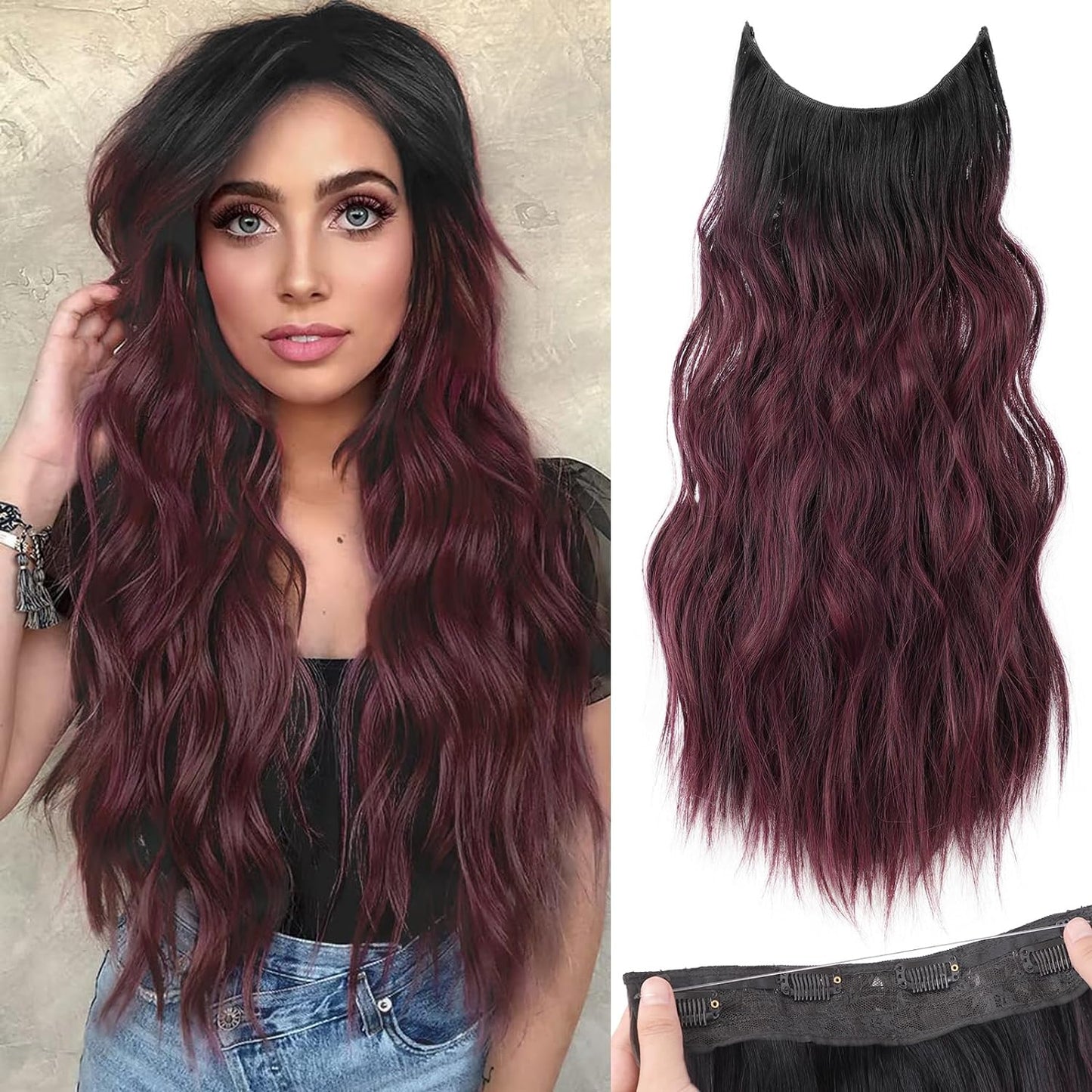 Halo Hair Extensions Invisible Wire Clip on Synthetic Wave Clip Ins Hair 20 Inch – Lightweight, Easy Install, Natural Look