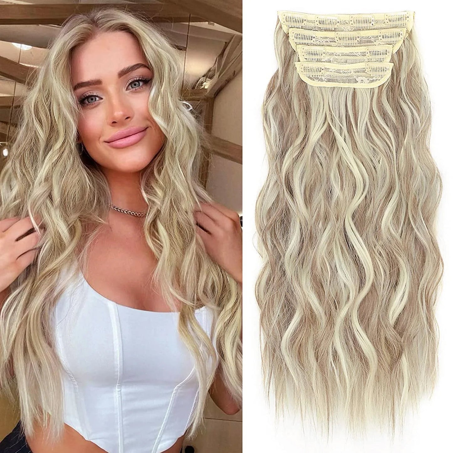 Clip in Long Wavy Synthetic Hair Extension 20 Inch 4PCS 180g Thick Hairpieces Fiber Double Weft Hair for Women – 23 Colors