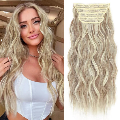 Clip in Long Wavy Synthetic Hair Extension 20 Inch 4PCS 180g Thick Hairpieces Fiber Double Weft Hair for Women – 23 Colors