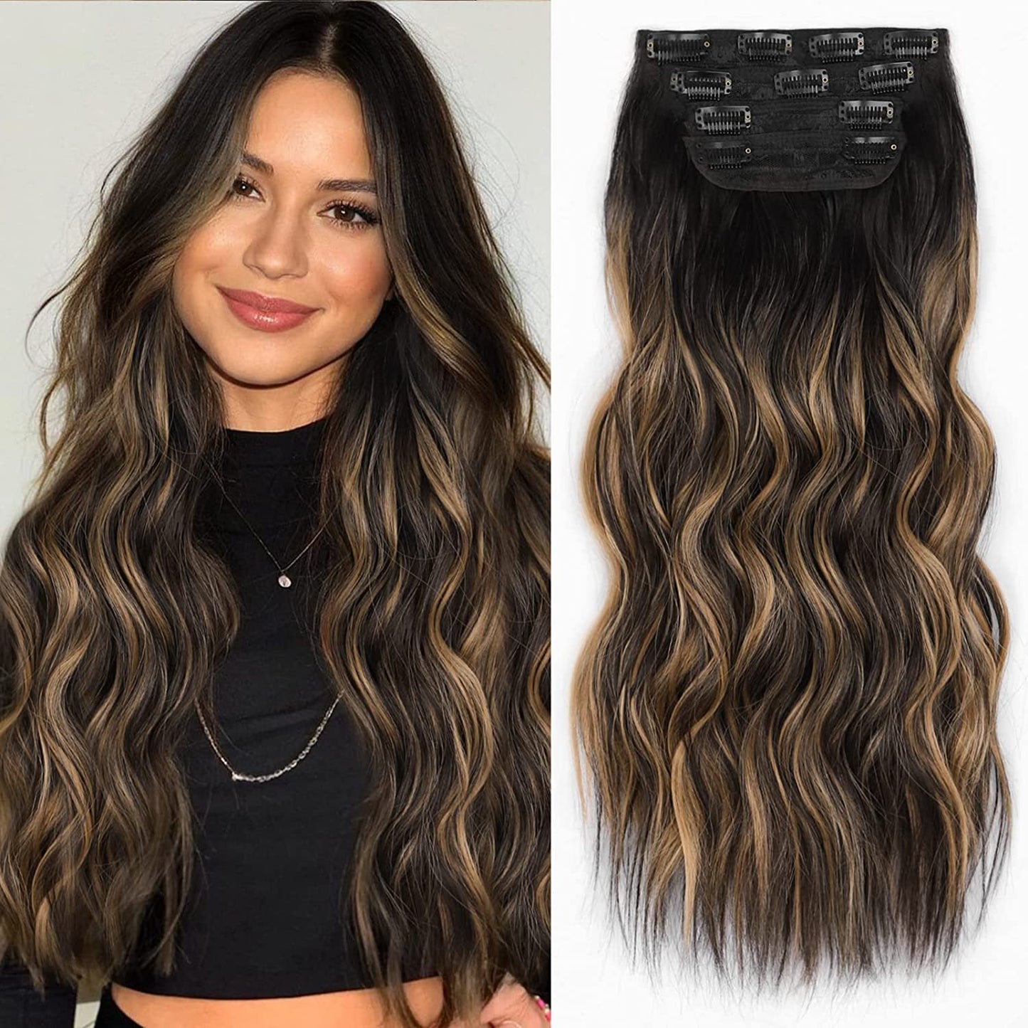 Clip in Long Wavy Synthetic Hair Extension 20 Inch 4PCS 180g Thick Hairpieces Fiber Double Weft Hair for Women – 23 Colors