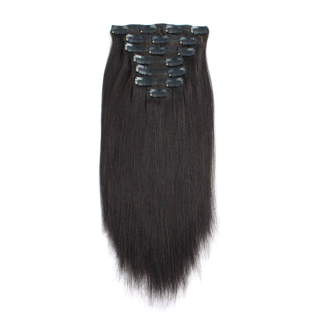 Clip In Premium Hair Extensions Straight High Quality 100% Human Hair – Natural Black, Heat Styleable, Easy Clip-In
