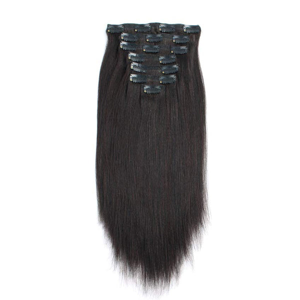 Clip In Premium Hair Extensions Straight High Quality 100% Human Hair – Natural Black, Heat Styleable, Easy Clip-In