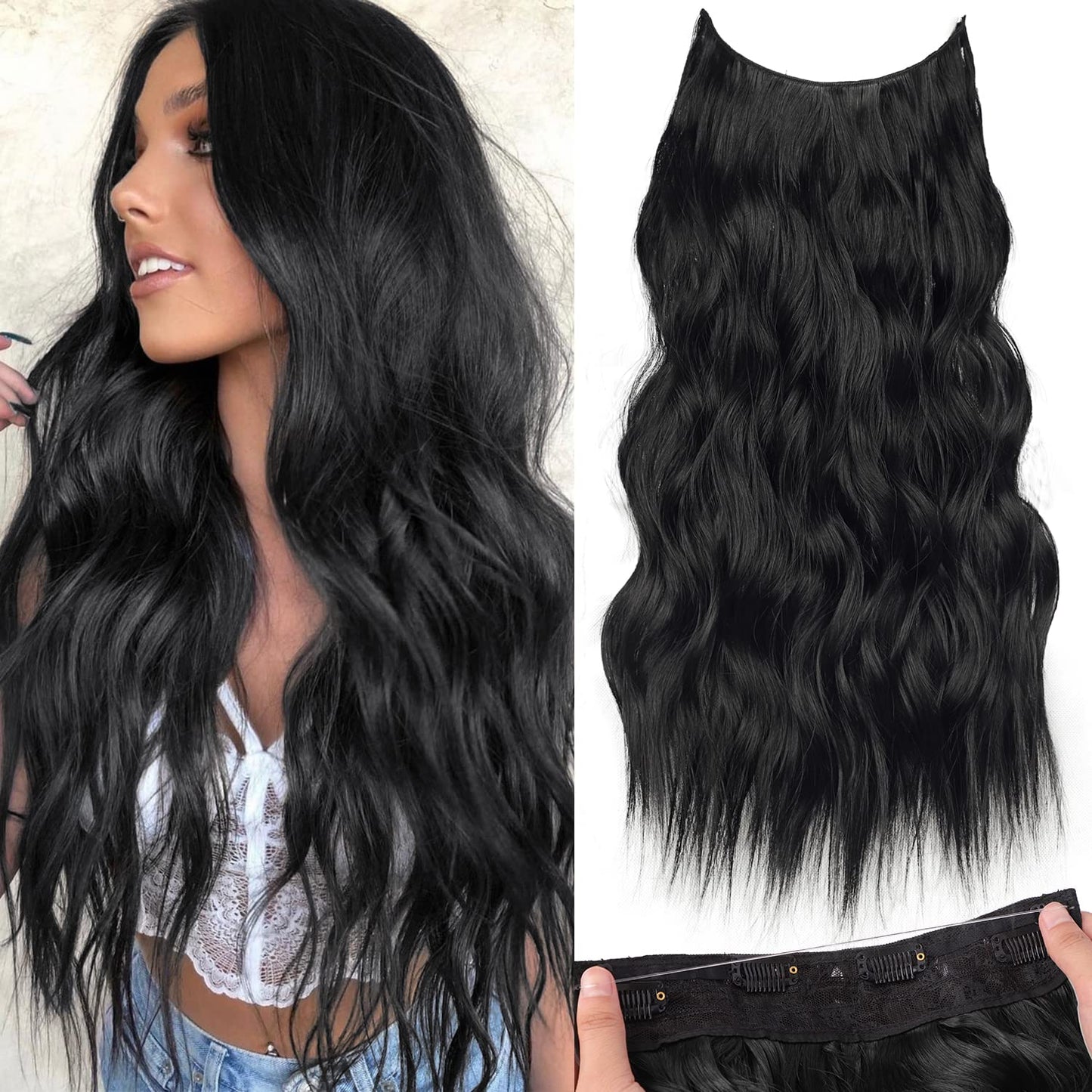 Halo Hair Extensions Invisible Wire Clip on Synthetic Wavy Hair Clip Ins 24 Inch – Lightweight, Easy Install, Natural Look