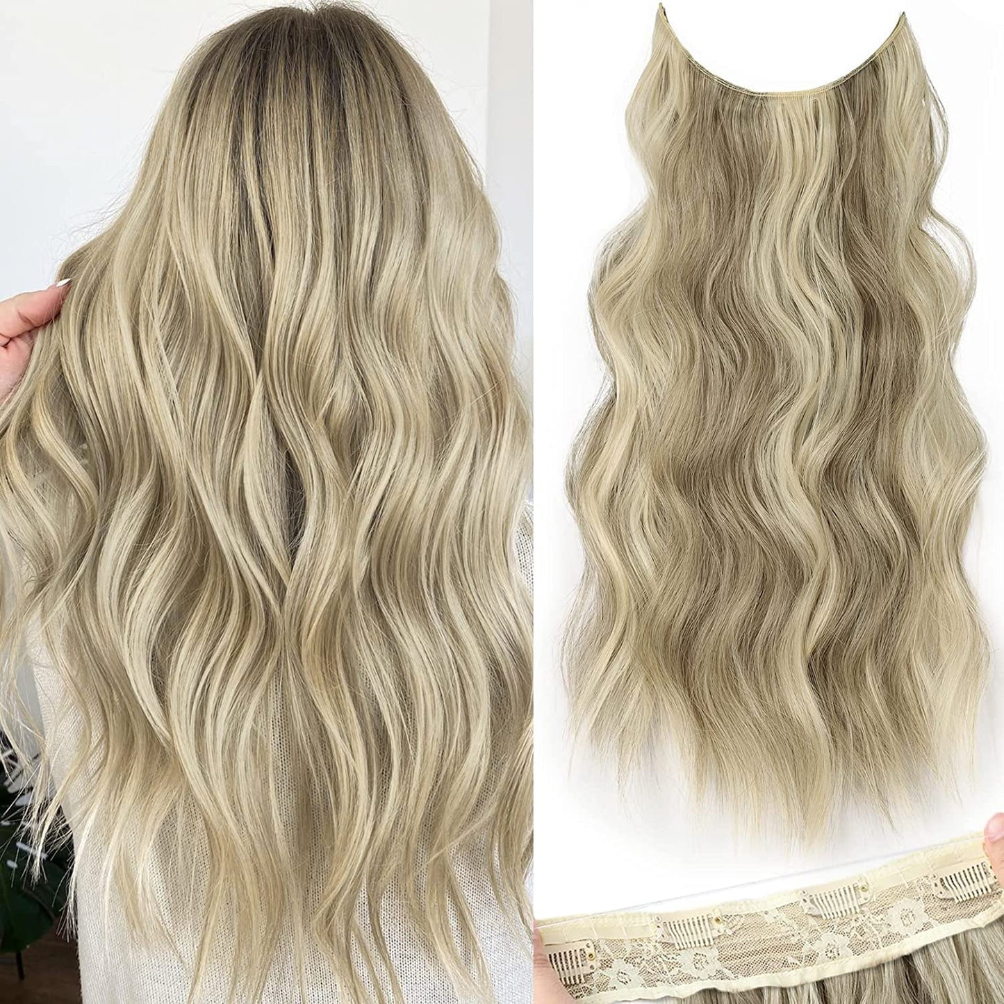 Halo Hair Extensions Invisible Wire Clip on Synthetic Wavy Hair Clip Ins 24 Inch – Lightweight, Easy Install, Natural Look