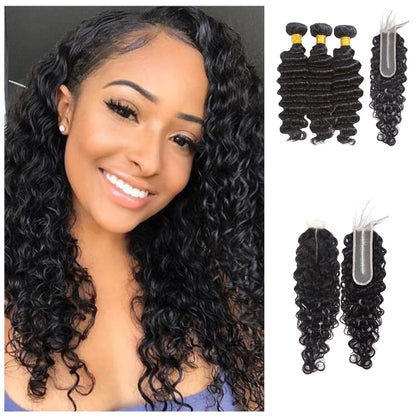 3 Bundles with 2x6 HD Lace Closure Deep Wave 100% Virgin Human Hair