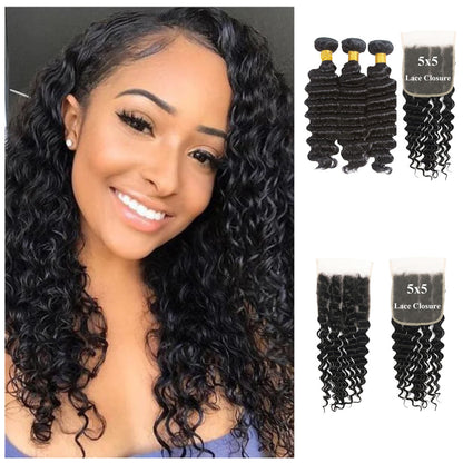 3 Bundles with 5x5 HD Lace Closure Deep Wave 100% Virgin Human Hair