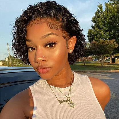 Natural Black Short Curly Bob Wig – 13x1 Lace Front 100% Human Hair