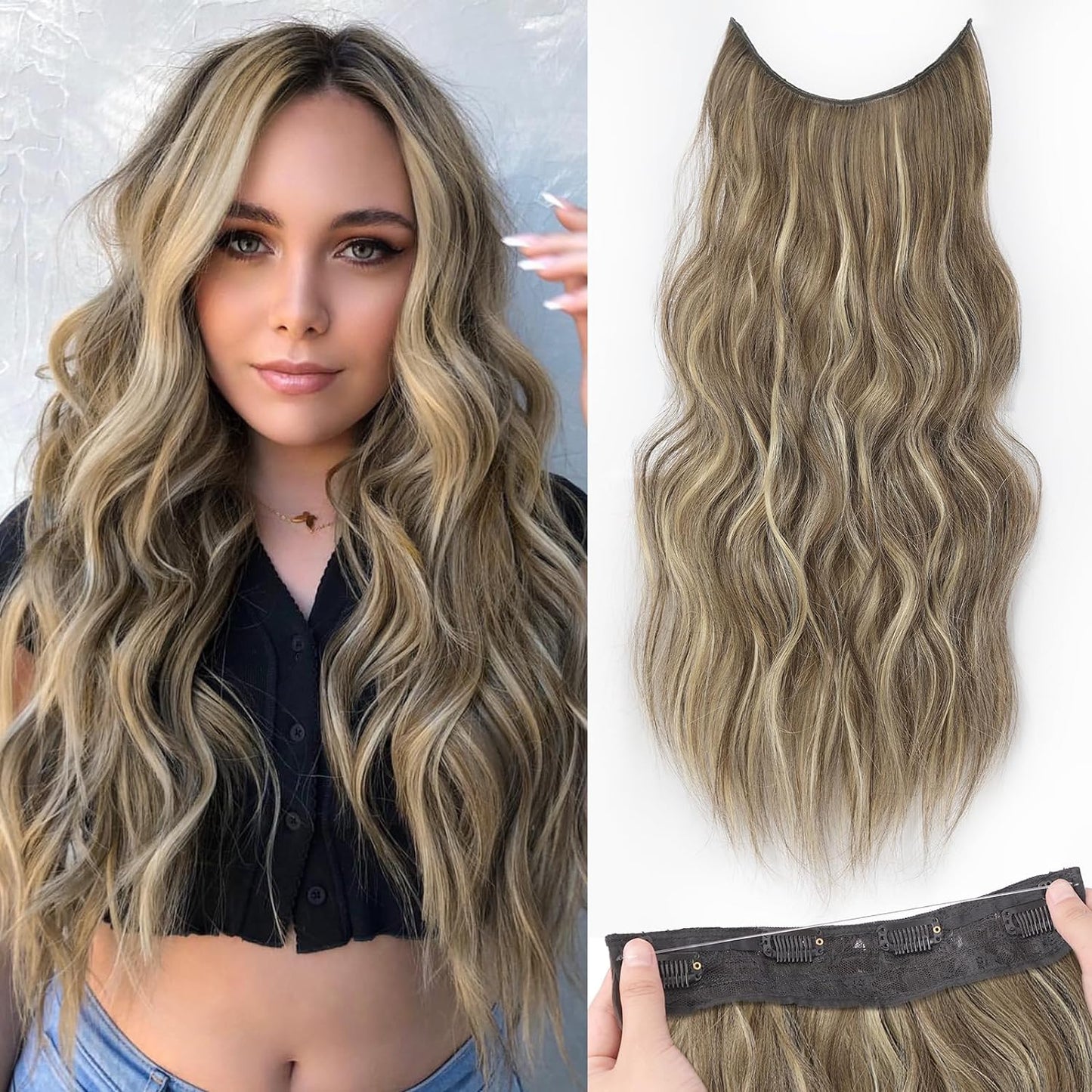 Halo Hair Extensions Invisible Wire Clip on Synthetic Wave Clip Ins Hair 20 Inch – Lightweight, Easy Install, Natural Look