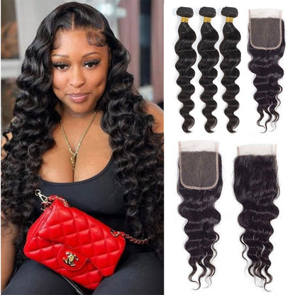 3 Bundles with 5x5 HD Lace Closure Loose Wave 100% Virgin Human Hair
