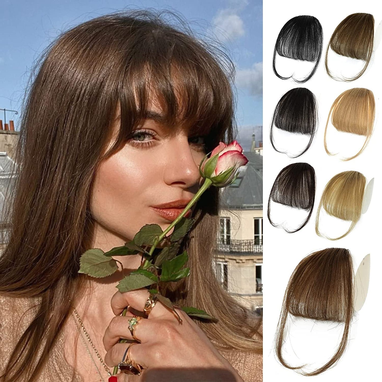 Wispy Clip in Bangs 100% Unprocessed Human Hair Extensions Curved Bangs Clip on Hair for Women Fringe with Temples Hairpieces for Daily Wear 9 Colors – Natural Look