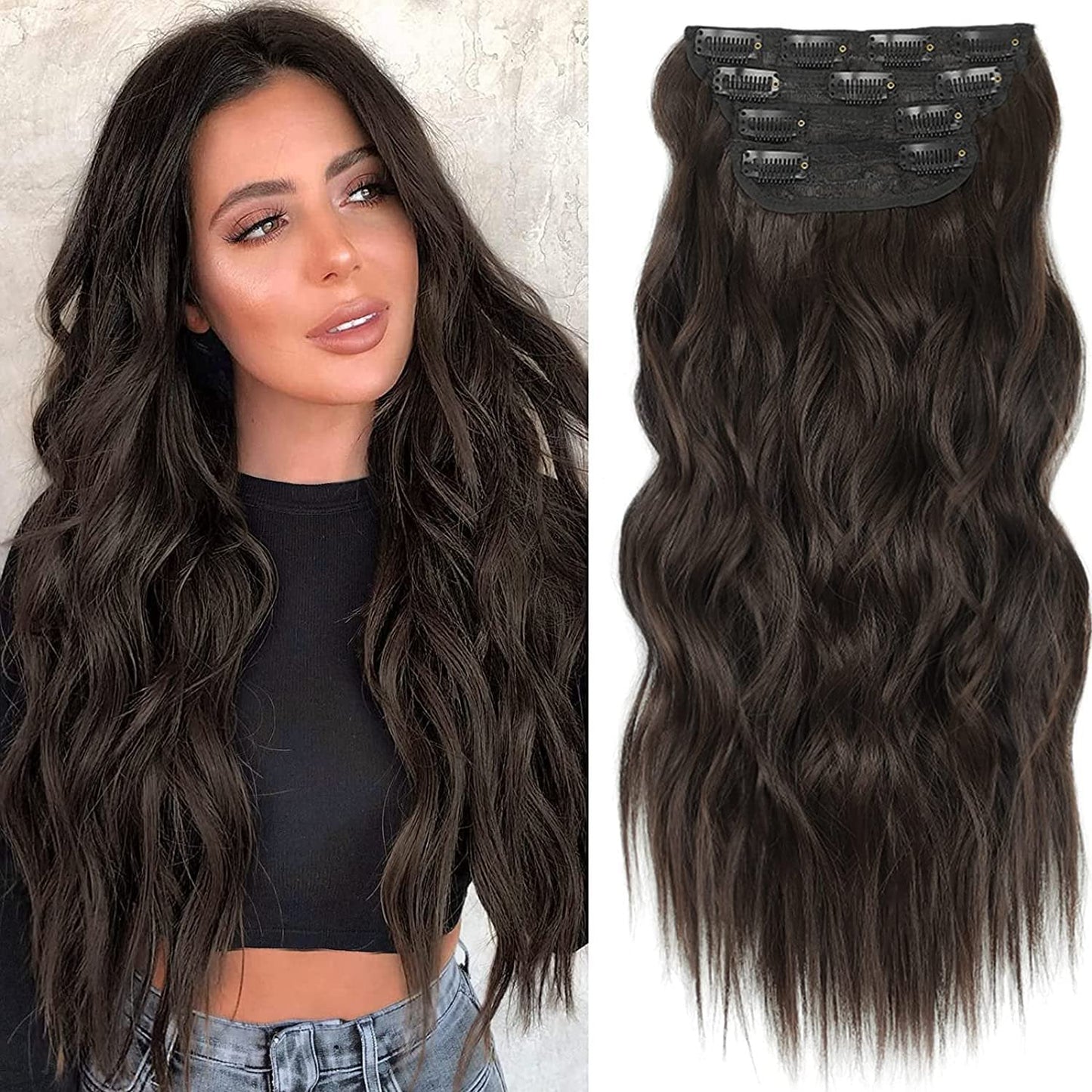 Clip in Long Wavy Synthetic Hair Extension 24 Inch 4PCS 220g Thick Hairpieces Fiber Double Weft Hair for Women – 23 Colors