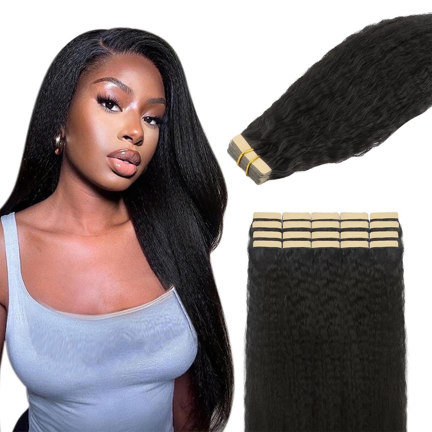 Premium Tape-in Human Hair Natural Color Kinky Straight – 20Pcs/Pack, Virgin Raw Hair, No Tangle, Seamless Blend