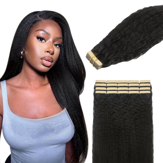 Premium Tape-in Human Hair Natural Color Kinky Straight – 20Pcs/Pack, Virgin Raw Hair, No Tangle, Seamless Blend