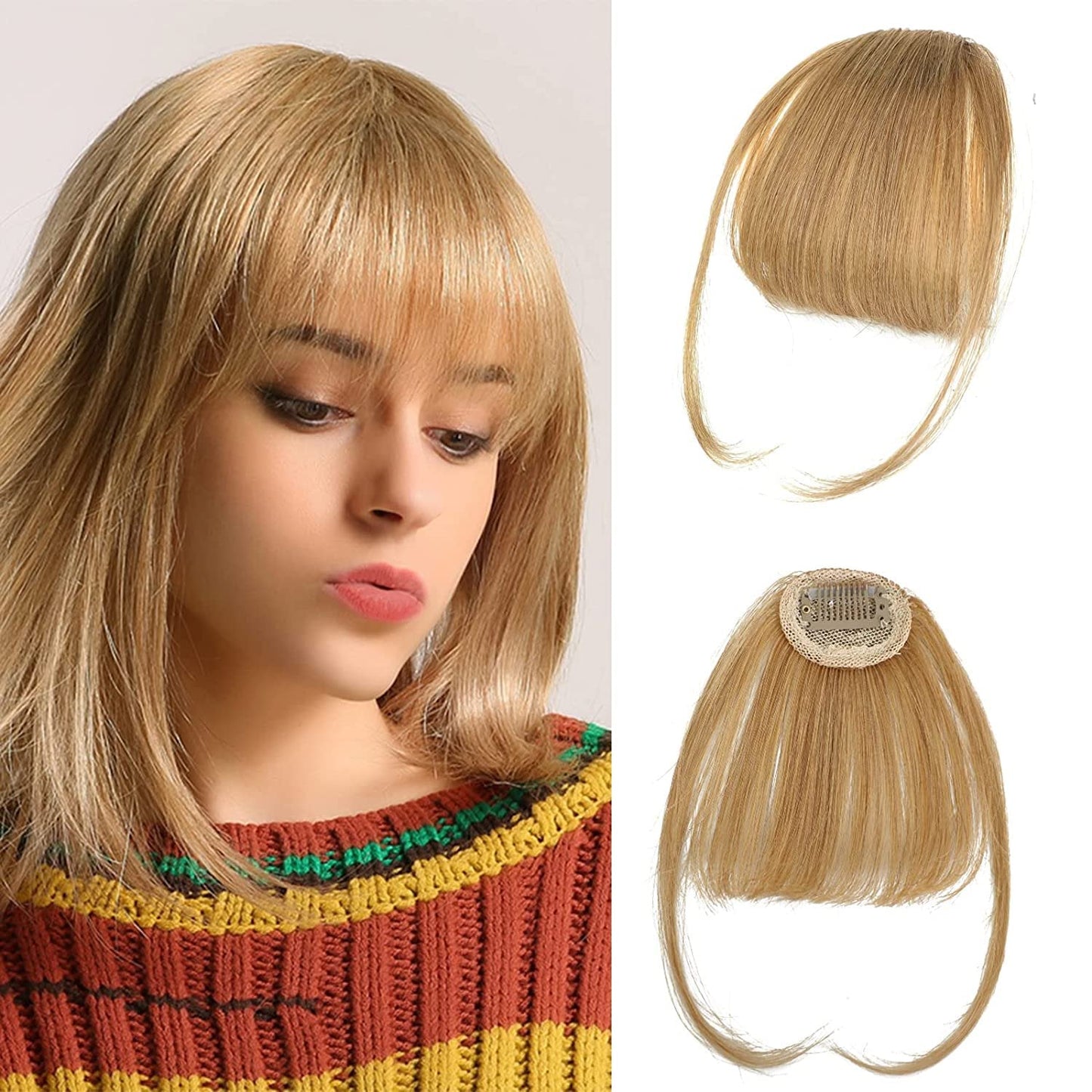 Wispy Clip in Bangs 100% Unprocessed Human Hair Extensions Curved Bangs Clip on Hair for Women Fringe with Temples Hairpieces for Daily Wear 9 Colors – Natural Look