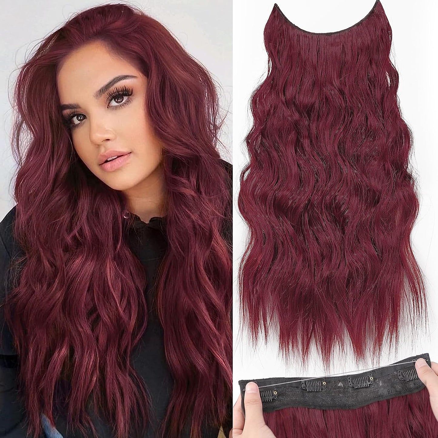 Halo Hair Extensions Invisible Wire Clip on Synthetic Wavy Hair Clip Ins 24 Inch – Lightweight, Easy Install, Natural Look