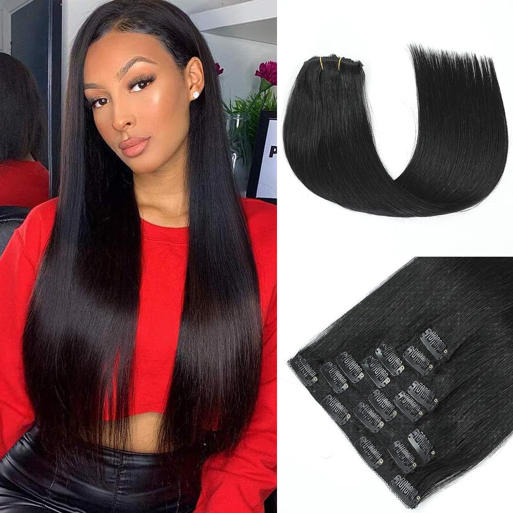 Clip in Mink Hair Extensions 100% Human Hair, 7pcs Natural Black Straight – Brazilian Virgin Hair, 70-90g, Heat Styleable