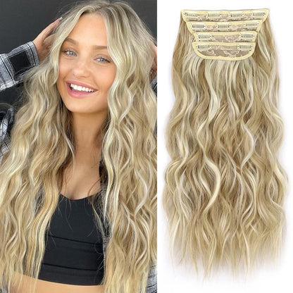 Clip in Long Wavy Synthetic Hair Extension 24 Inch 4PCS 220g Thick Hairpieces Fiber Double Weft Hair for Women – 23 Colors