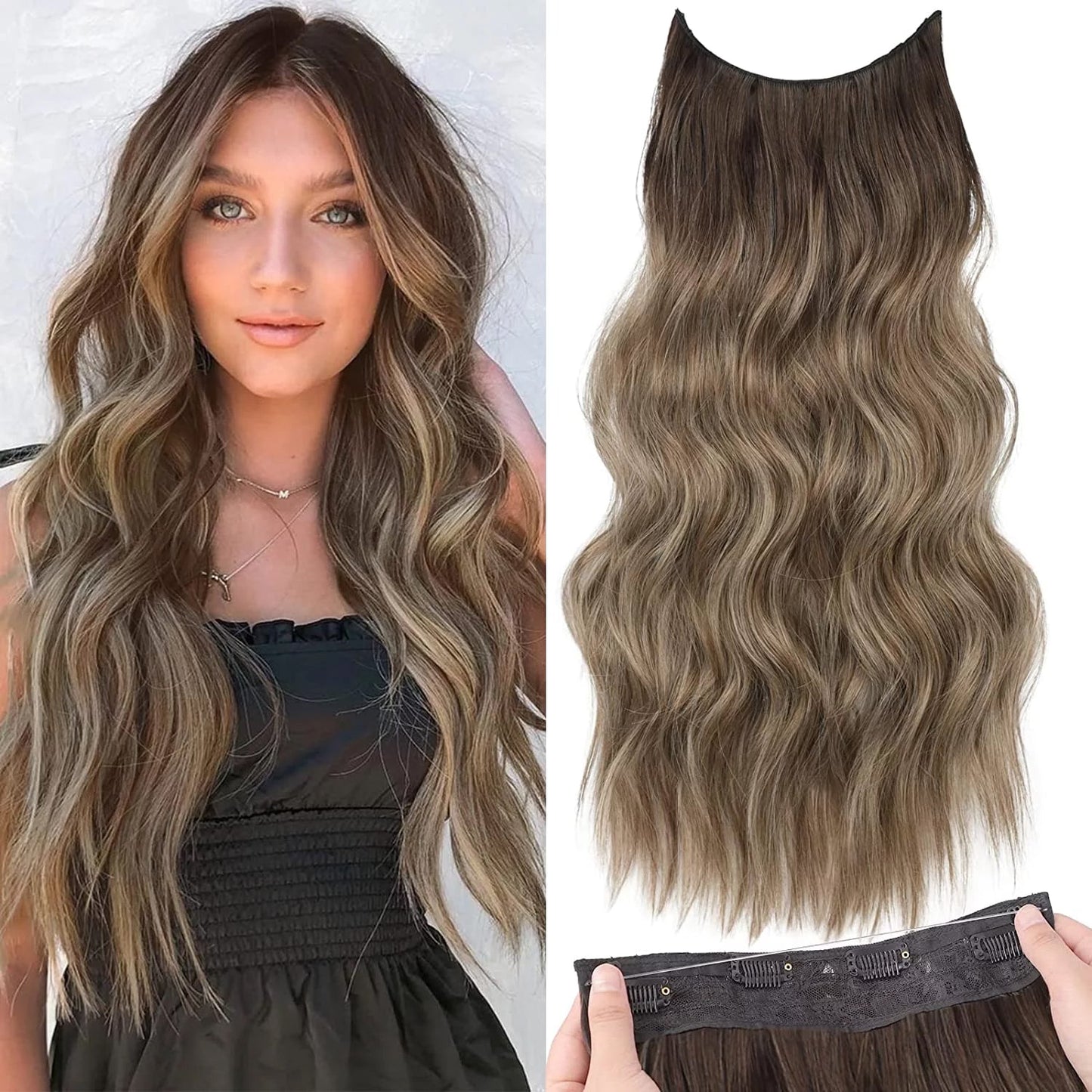 Halo Hair Extensions Invisible Wire Clip on Synthetic Wavy Hair Clip Ins 24 Inch – Lightweight, Easy Install, Natural Look