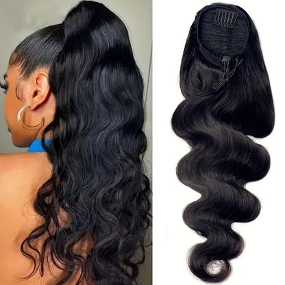Mink Hair Clip in Draw String Ponytail Body Wave Deep Wave – 100% Human Hair, Adjustable Drawstring, Instant Glam