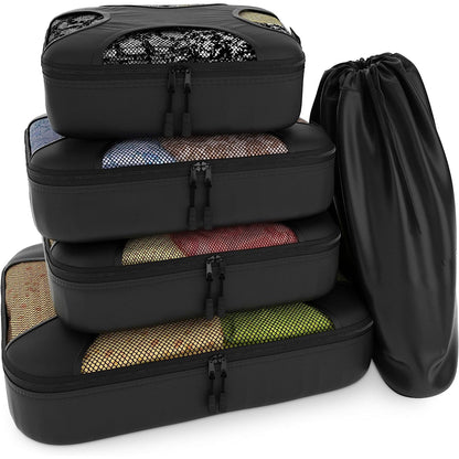 Travel Black Mesh 5 Set Packing Cube Organizers With Laundry Bag (New Style)
