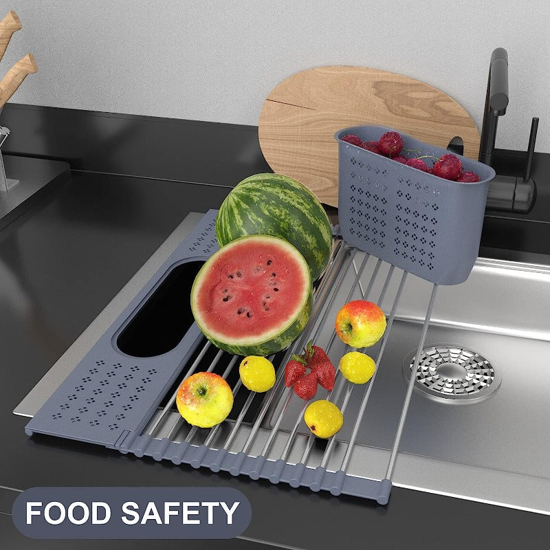 Roll Up Dish Drying Rack 17.5"(L) x 11"(W) - SUS304 Multi-Purpose Rack Rollable Stainless Steel Dish Drainer with Utensil Holder for Kitchen Sink
