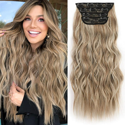 Clip in Long Wavy Synthetic Hair Extension 24 Inch 4PCS 220g Thick Hairpieces Fiber Double Weft Hair for Women – 23 Colors