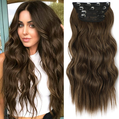 Clip in Long Wavy Synthetic Hair Extension 24 Inch 4PCS 220g Thick Hairpieces Fiber Double Weft Hair for Women – 23 Colors