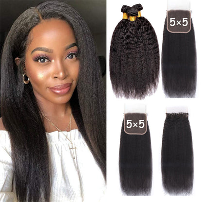 3 Bundles with 5x5 HD Lace Closure Kinky Straight 100% Virgin Human Hair