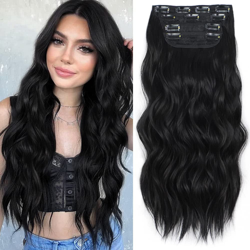Clip in Long Wavy Synthetic Hair Extension 24 Inch 4PCS 220g Thick Hairpieces Fiber Double Weft Hair for Women – 23 Colors