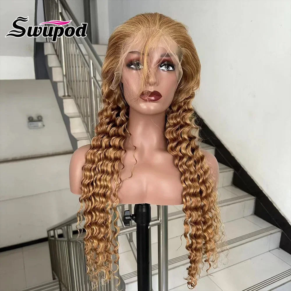 Transparent Lace 13X4 Frontal Wig Color #27 200 density  Remy Human Hair Straight, Body Wave, Deep Wave