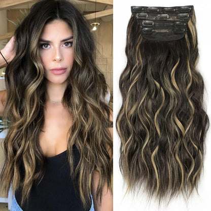 Clip in Long Wavy Synthetic Hair Extension 24 Inch 4PCS 220g Thick Hairpieces Fiber Double Weft Hair for Women – 23 Colors