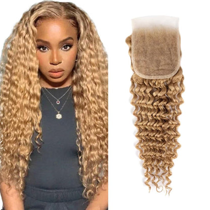 4X4 Lace Closure Deep Wave Honey Blonde (#27) Color 100% Human Hair Closure – Transparent Lace, Warm Tone