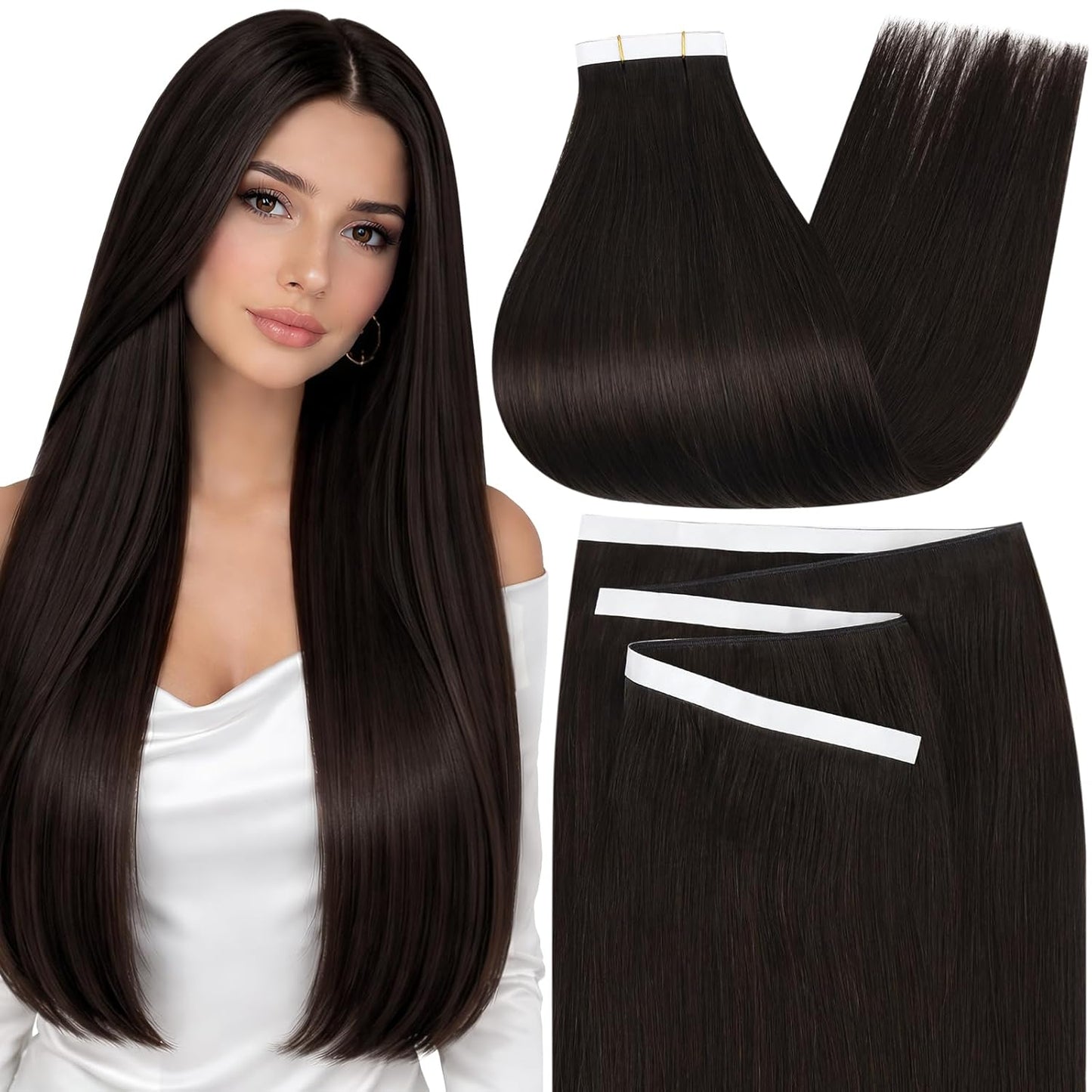 Premium Tape-in  Dark Brown Straight Human Hair  Color #2– 20Pcs/Pack,  No Tangle, Seamless Blend