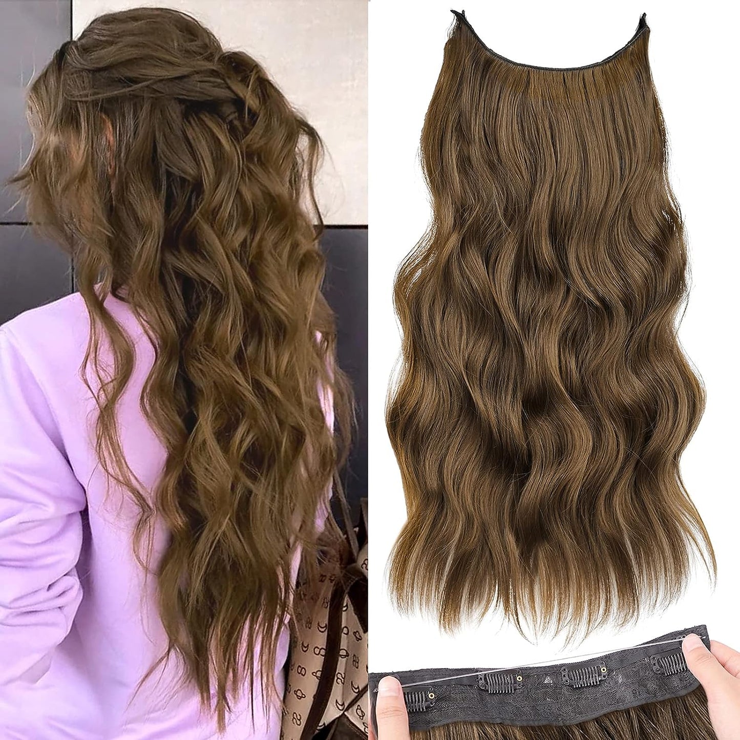 Halo Hair Extensions Invisible Wire Clip on Synthetic Wave Clip Ins Hair 20 Inch – Lightweight, Easy Install, Natural Look