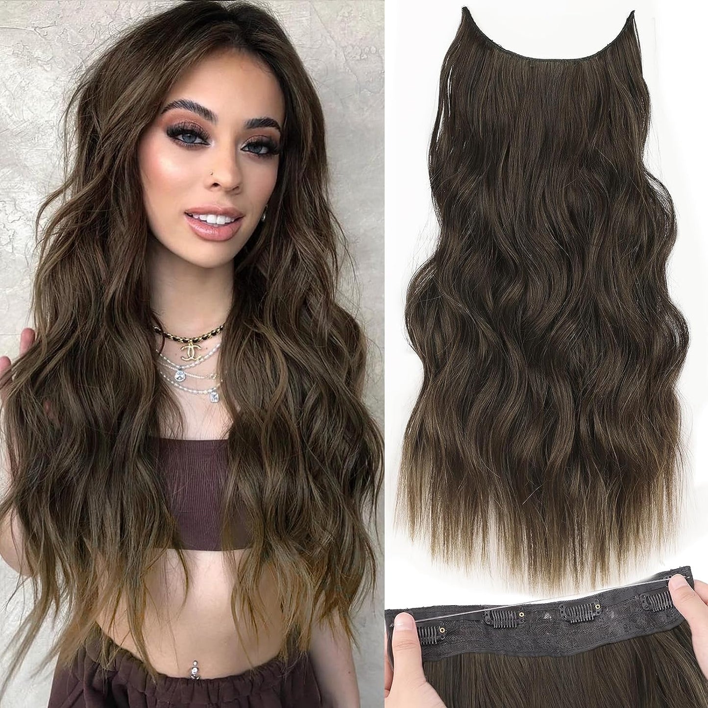 Halo Hair Extensions Invisible Wire Clip on Synthetic Wave Clip Ins Hair 20 Inch – Lightweight, Easy Install, Natural Look