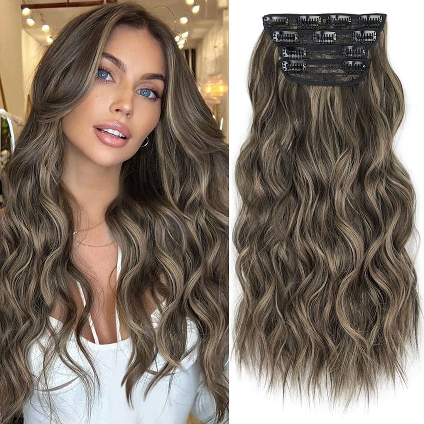 Clip in Long Wavy Synthetic Hair Extension 24 Inch 4PCS 220g Thick Hairpieces Fiber Double Weft Hair for Women – 23 Colors