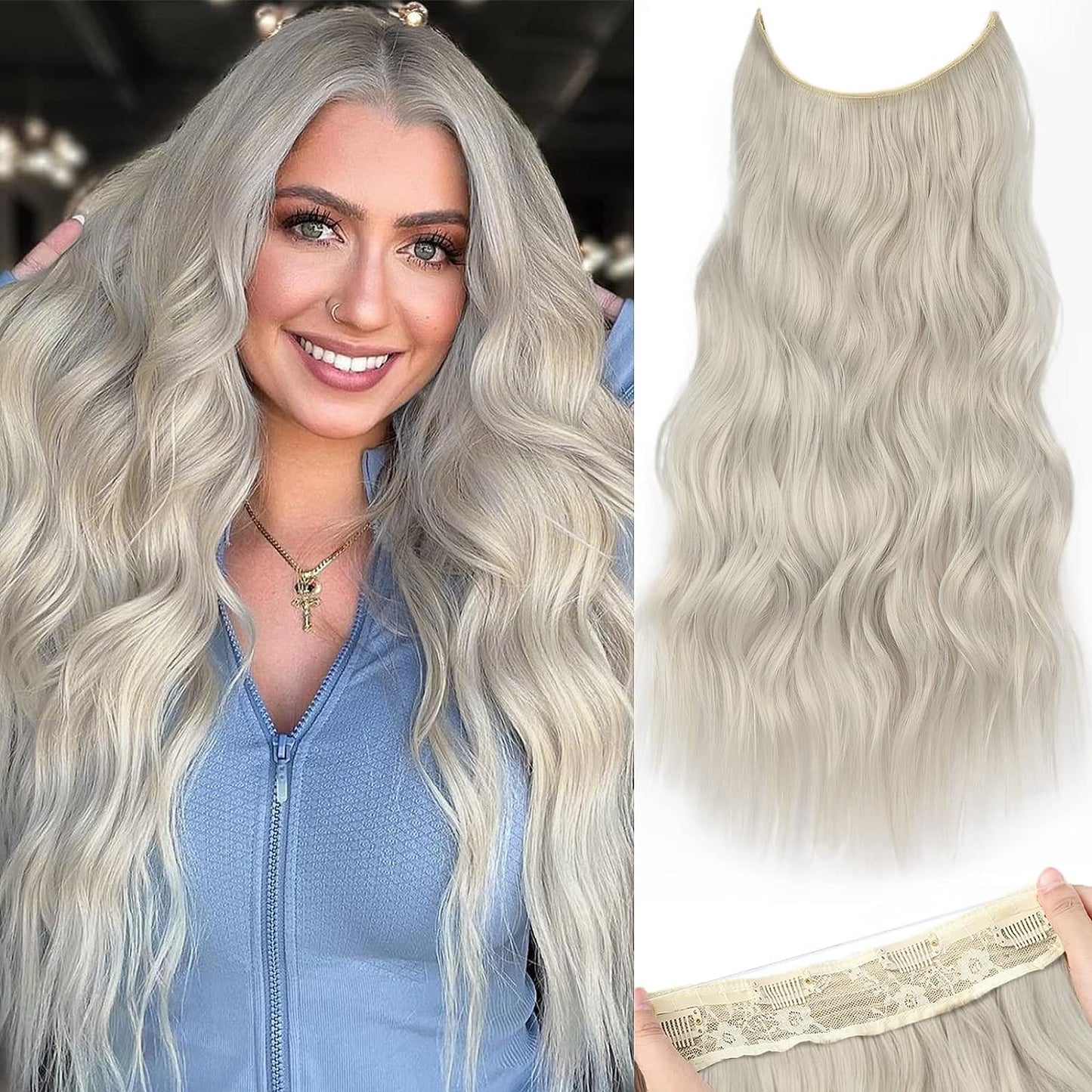 Halo Hair Extensions Invisible Wire Clip on Synthetic Wavy Hair Clip Ins 24 Inch – Lightweight, Easy Install, Natural Look