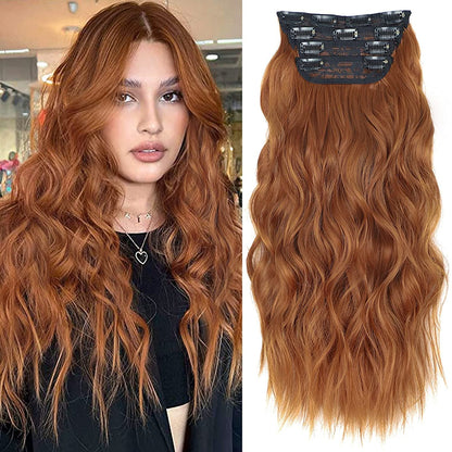 Clip in Long Wavy Synthetic Hair Extension 24 Inch 4PCS 220g Thick Hairpieces Fiber Double Weft Hair for Women – 23 Colors