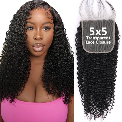 5x5 Transparent Lace Jerry Curl Lace Closure Brazilian Virgin Human Hair | Free Part, Bleached Knots