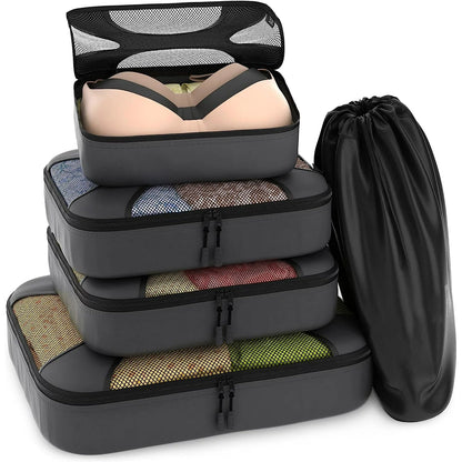 Black Gray Mesh 5 Set Packing Cube Organizers With Laundry Bag