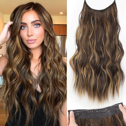 Halo Hair Extensions Invisible Wire Clip on Synthetic Wavy Hair Clip Ins 24 Inch – Lightweight, Easy Install, Natural Look