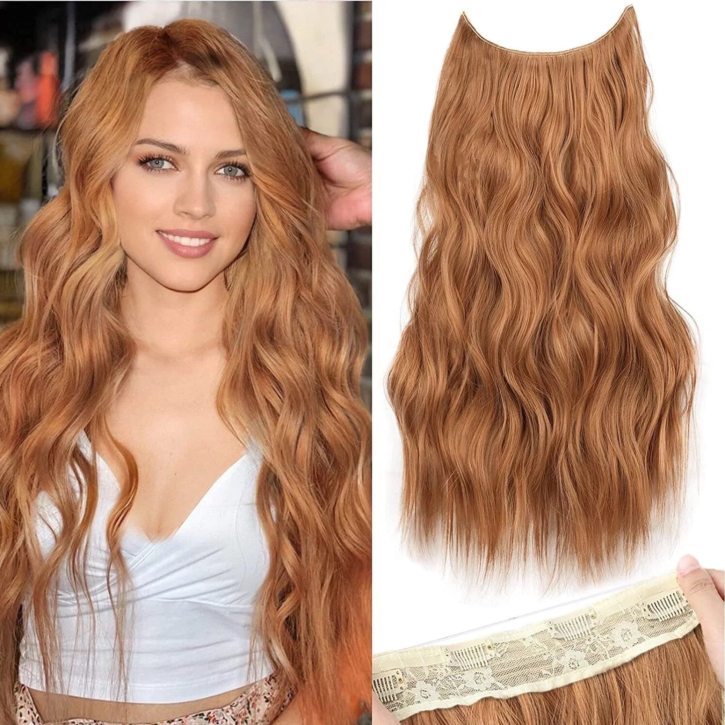 Halo Hair Extensions Invisible Wire Clip on Synthetic Wavy Hair Clip Ins 24 Inch – Lightweight, Easy Install, Natural Look