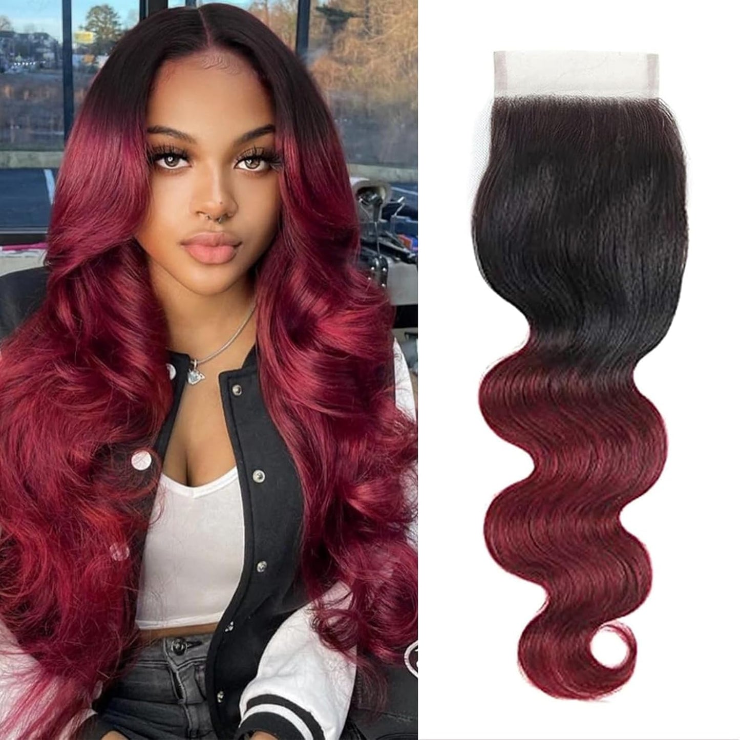 4X4 Lace Closure Body Wave Ombre (1B/99J) 100% Human Hair Closure – Transparent Lace, Burgundy Ombre